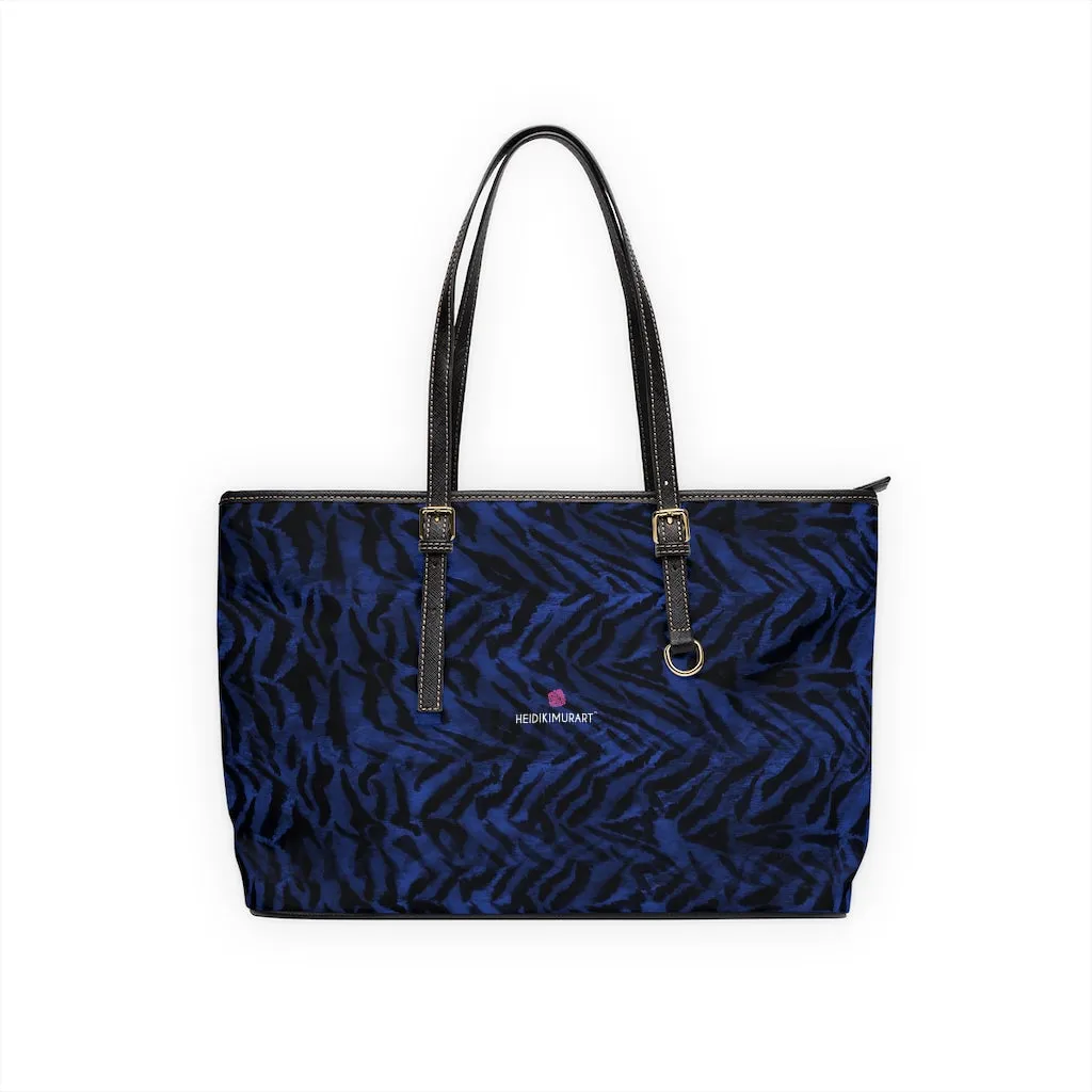 Blue Tiger Stripes Tote Bag, Navy Blue Tiger Striped PU Leather Shoulder Hand Work Bag 17"x11"/ 16"x10"