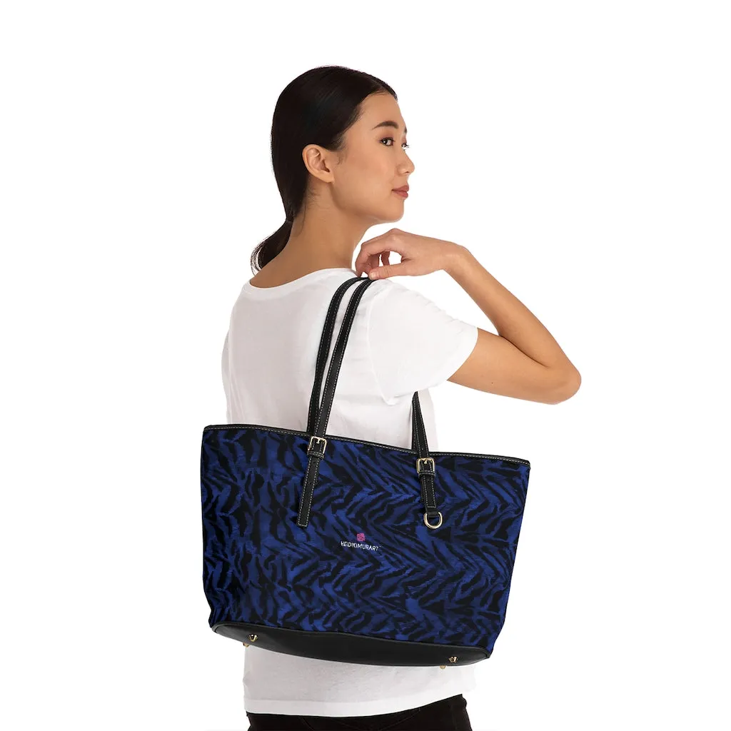 Blue Tiger Stripes Tote Bag, Navy Blue Tiger Striped PU Leather Shoulder Hand Work Bag 17"x11"/ 16"x10"