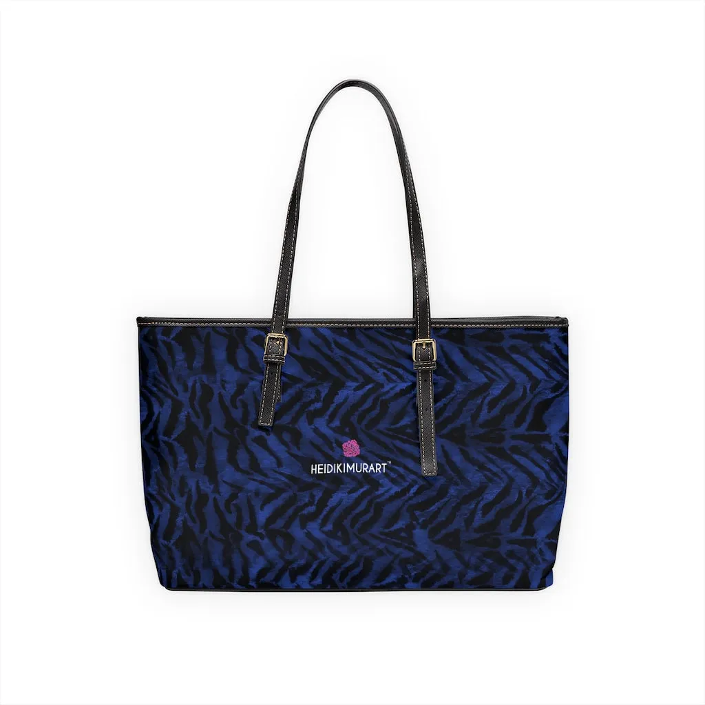 Blue Tiger Stripes Tote Bag, Navy Blue Tiger Striped PU Leather Shoulder Hand Work Bag 17"x11"/ 16"x10"