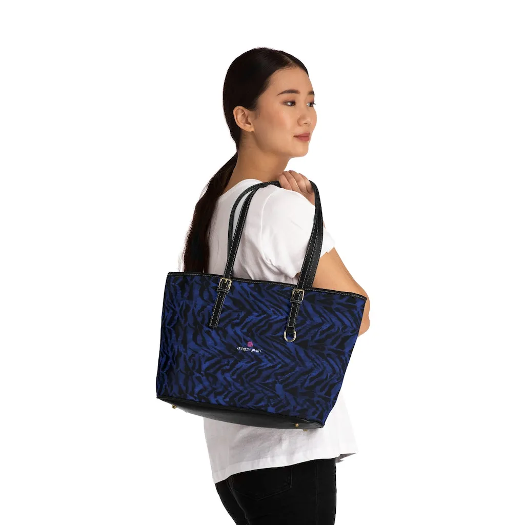 Blue Tiger Stripes Tote Bag, Navy Blue Tiger Striped PU Leather Shoulder Hand Work Bag 17"x11"/ 16"x10"