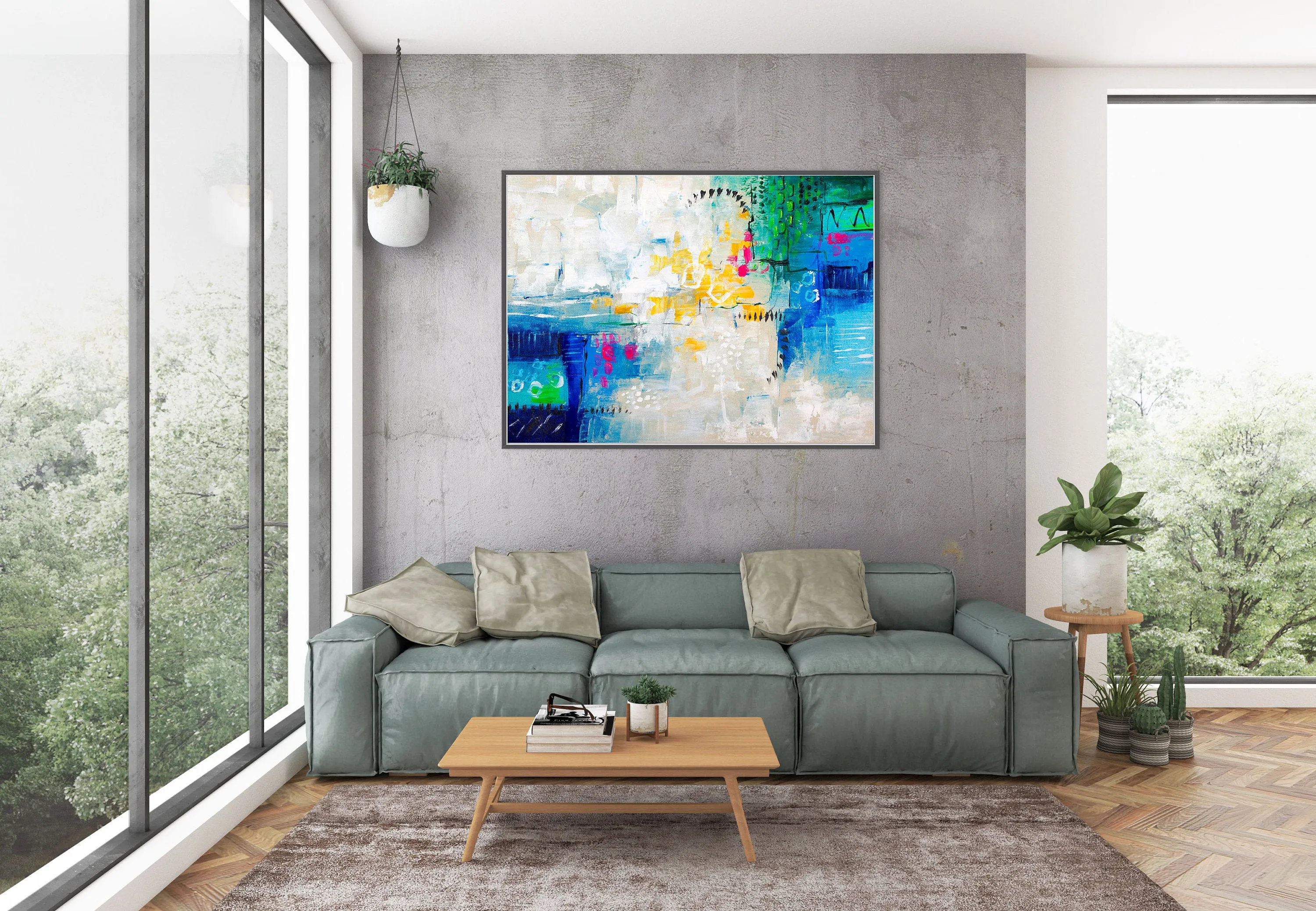 Blue White Gree Abstract Painting Texture Wall Art Large Artwork Dp079