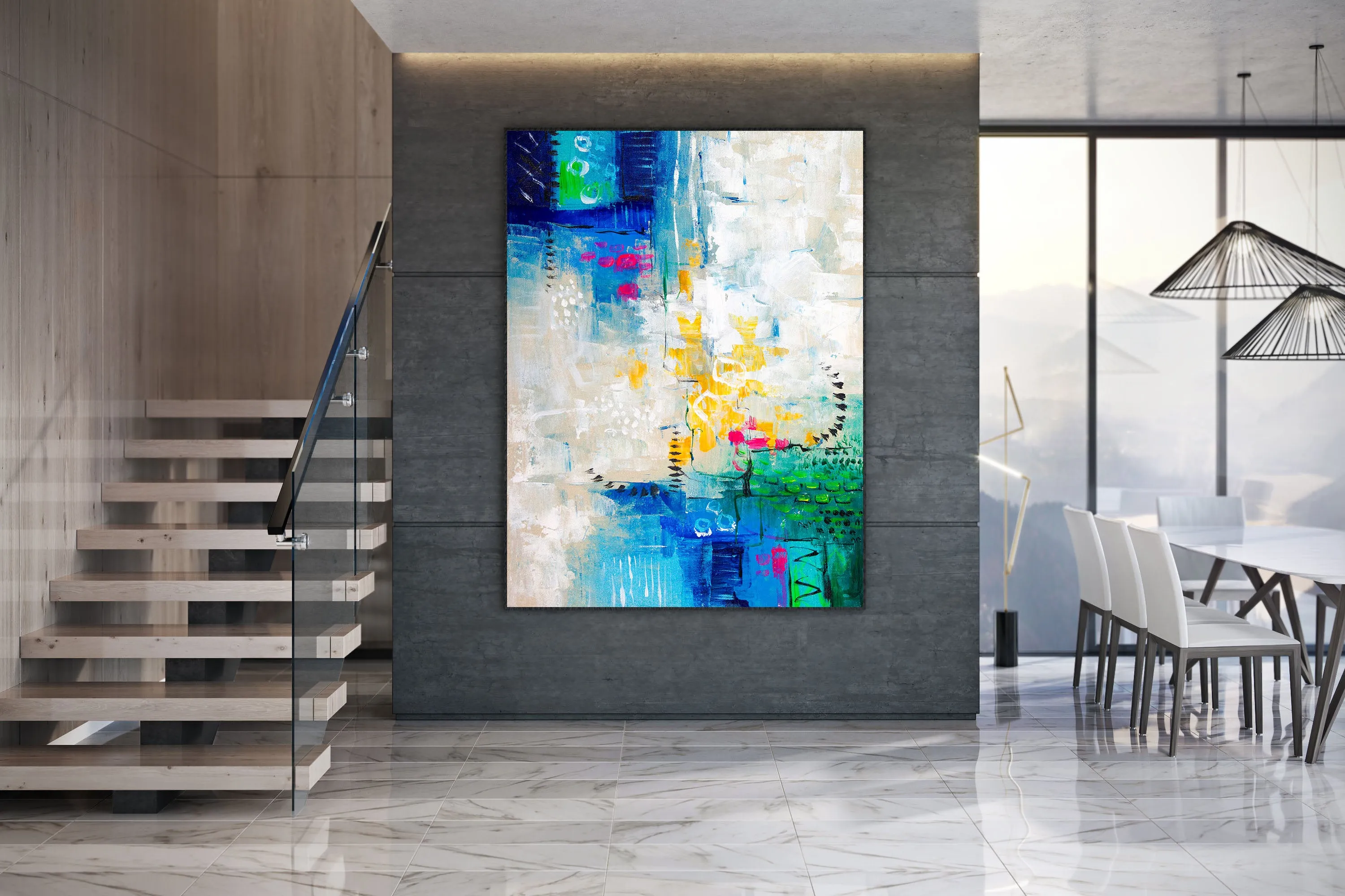 Blue White Gree Abstract Painting Texture Wall Art Large Artwork Dp079