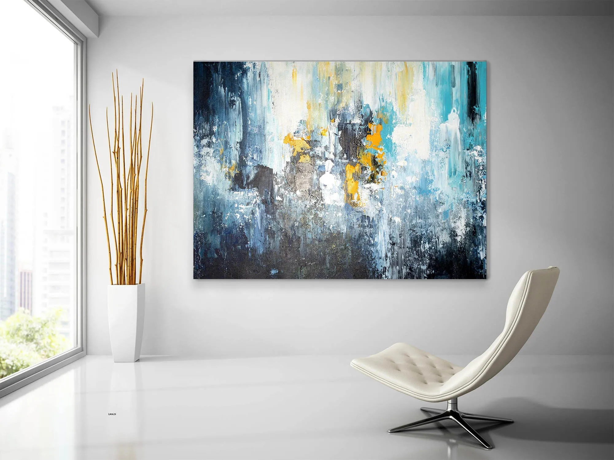 Blue White Yellow Abstract Painting Palette Knife Art Fp039