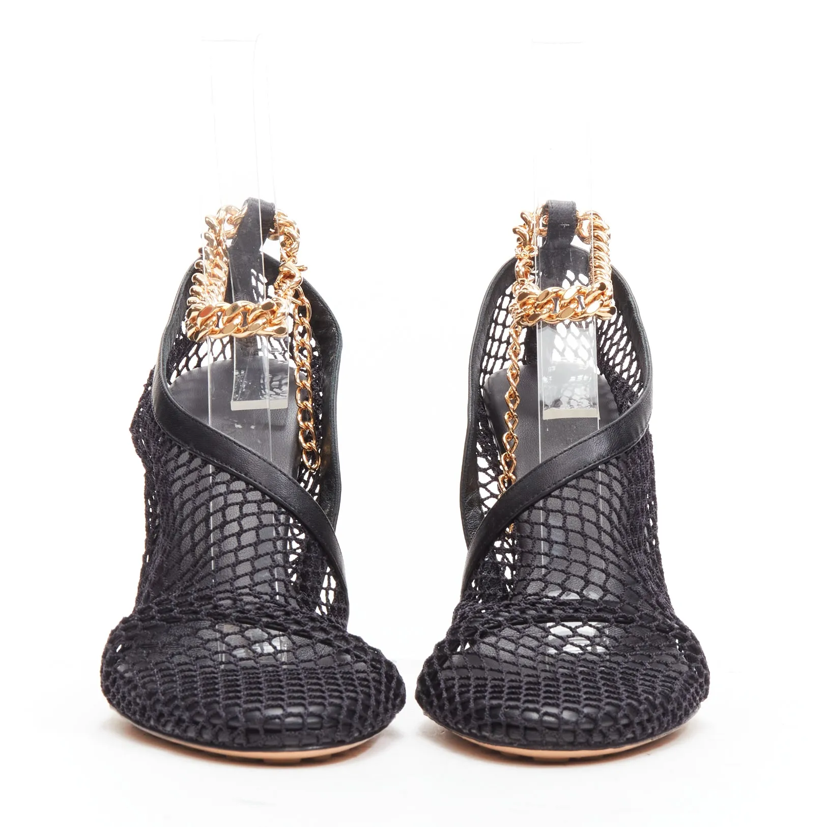 BOTTEGA VENETA gold ankle chain black mesh leather dorsay sandals EU39