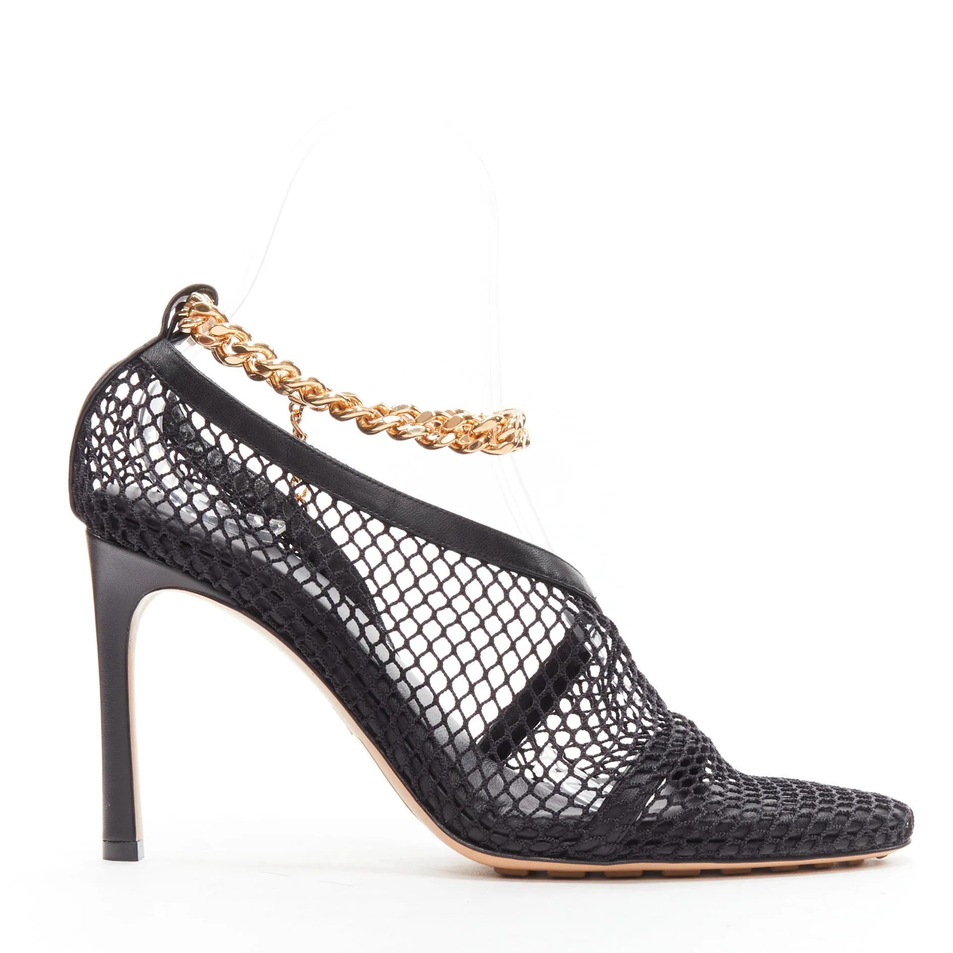 BOTTEGA VENETA gold ankle chain black mesh leather dorsay sandals EU39