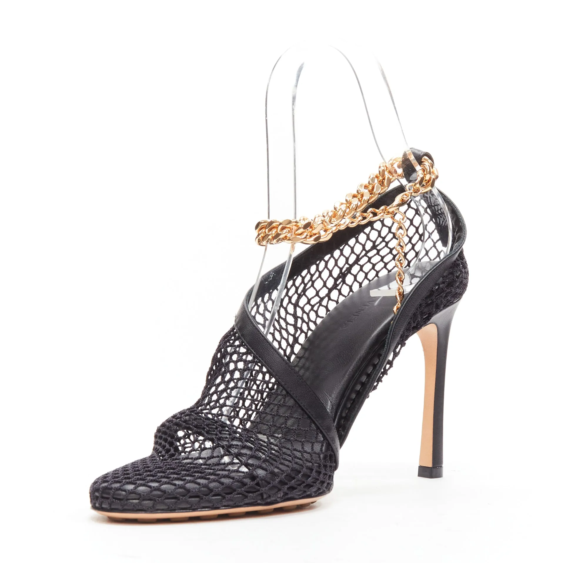 BOTTEGA VENETA gold ankle chain black mesh leather dorsay sandals EU39