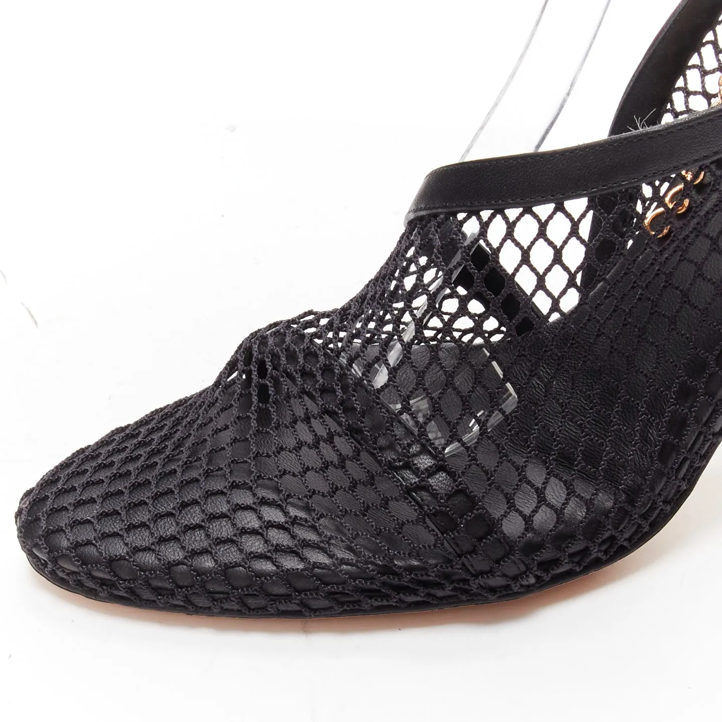 BOTTEGA VENETA gold ankle chain black mesh leather dorsay sandals EU39