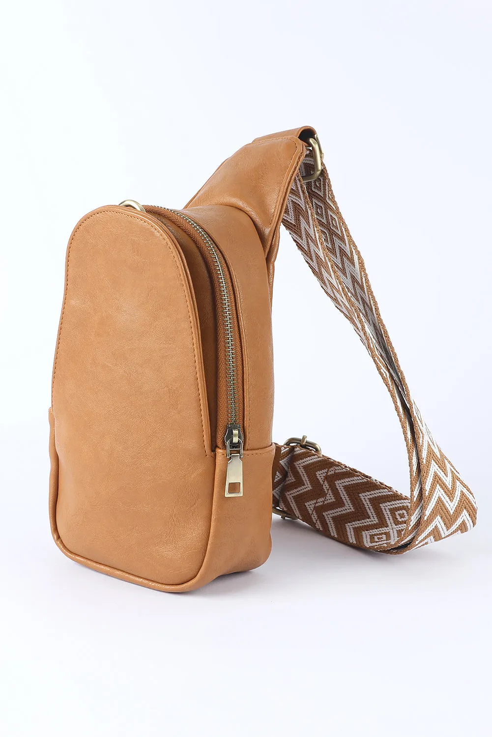 Brown Faux Leather Zipped Crossbody Chest Bag