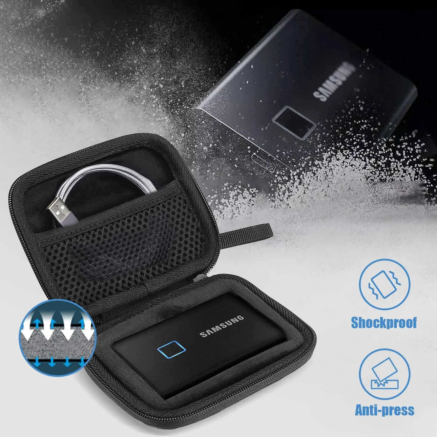 (CASE ONLY) Hard Carrying Case for Samsung T7/ T7 Touch Portable SSD with 2 Cable Ties | ProCase