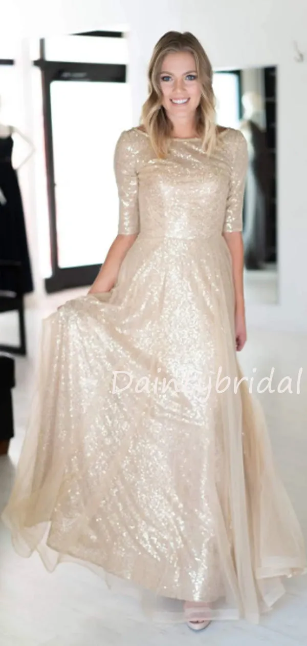 Charming 1/2 Sleeve Scoop Neck Sequin Long Prom Dresses Evening Dresses.DB10502