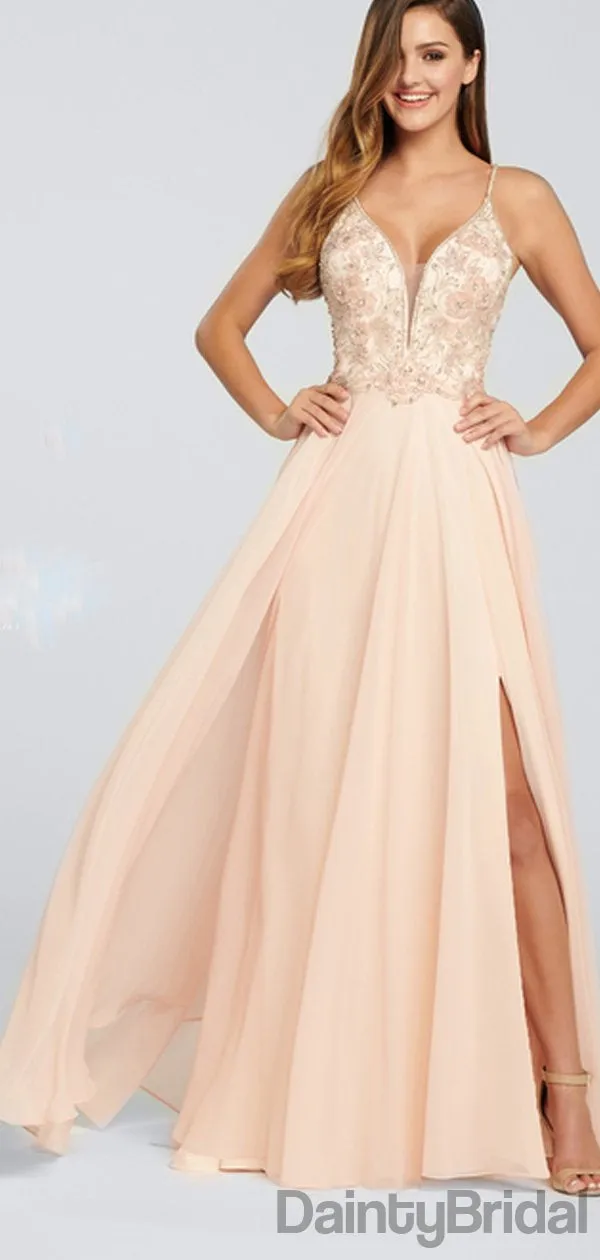 Charming Chiffon V-Neck Side Slit Long Prom Dresses.DB010084