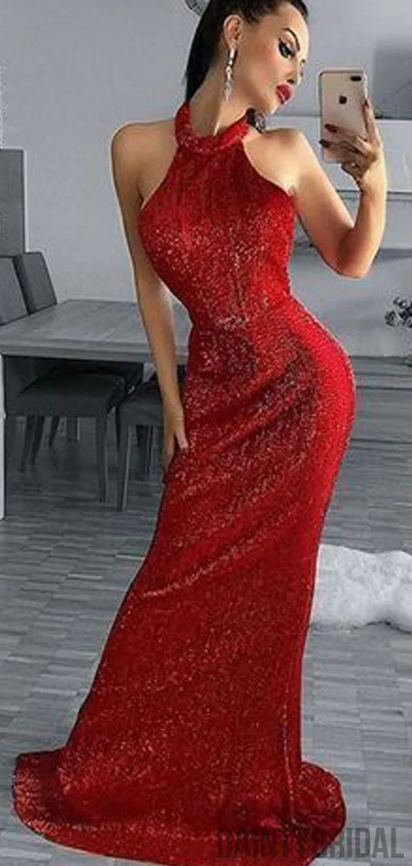 Charming Sexy Mermaid Halter Backless Red Sequins Long Prom Dresses,Evening Party Dresses.DB10216