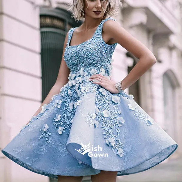 Charming Sky Blue Beaded Appliques A-line Satin Short Homecoming Prom Dress, WGP018