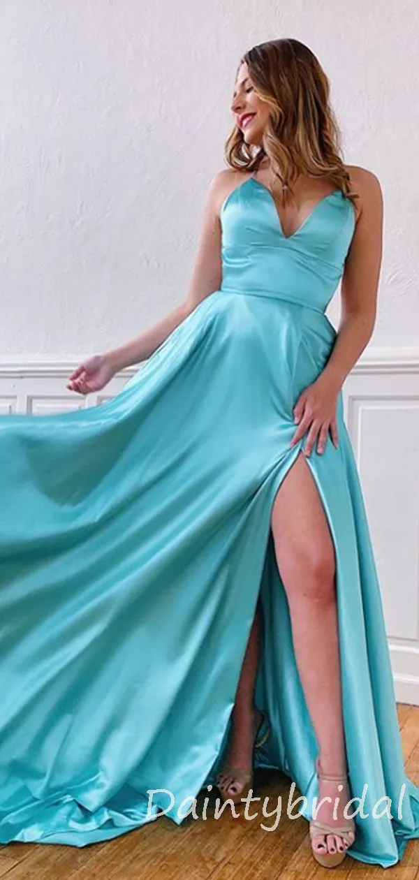 Charming V-neck A-line Open Back Long Prom Dresses Evening Dresses.DB10365