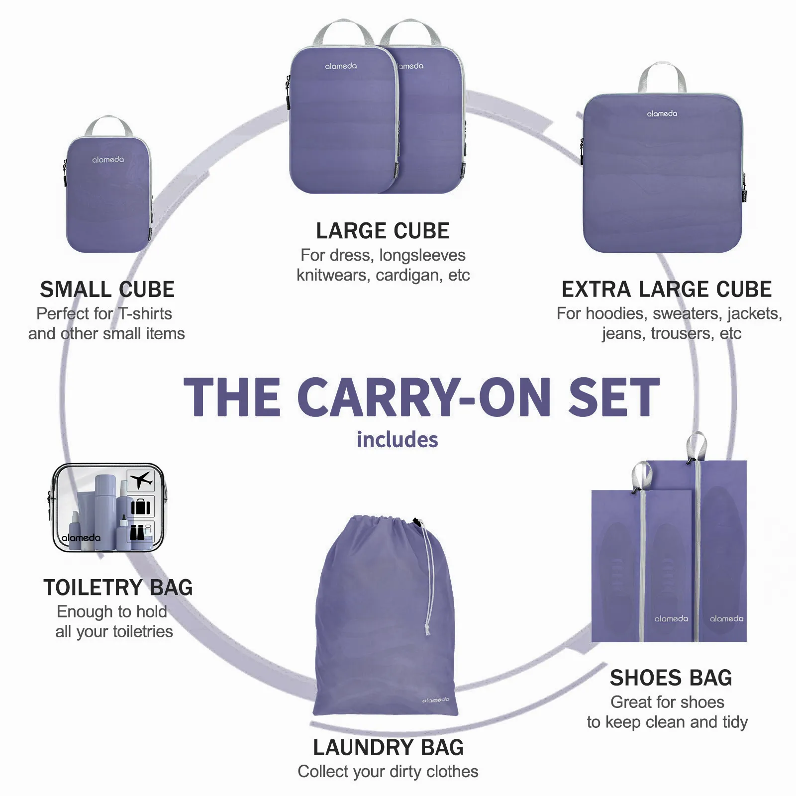 Compression Packing Cubes with Shoe Bag & Toiletry Bag - Purple, 8 Pack