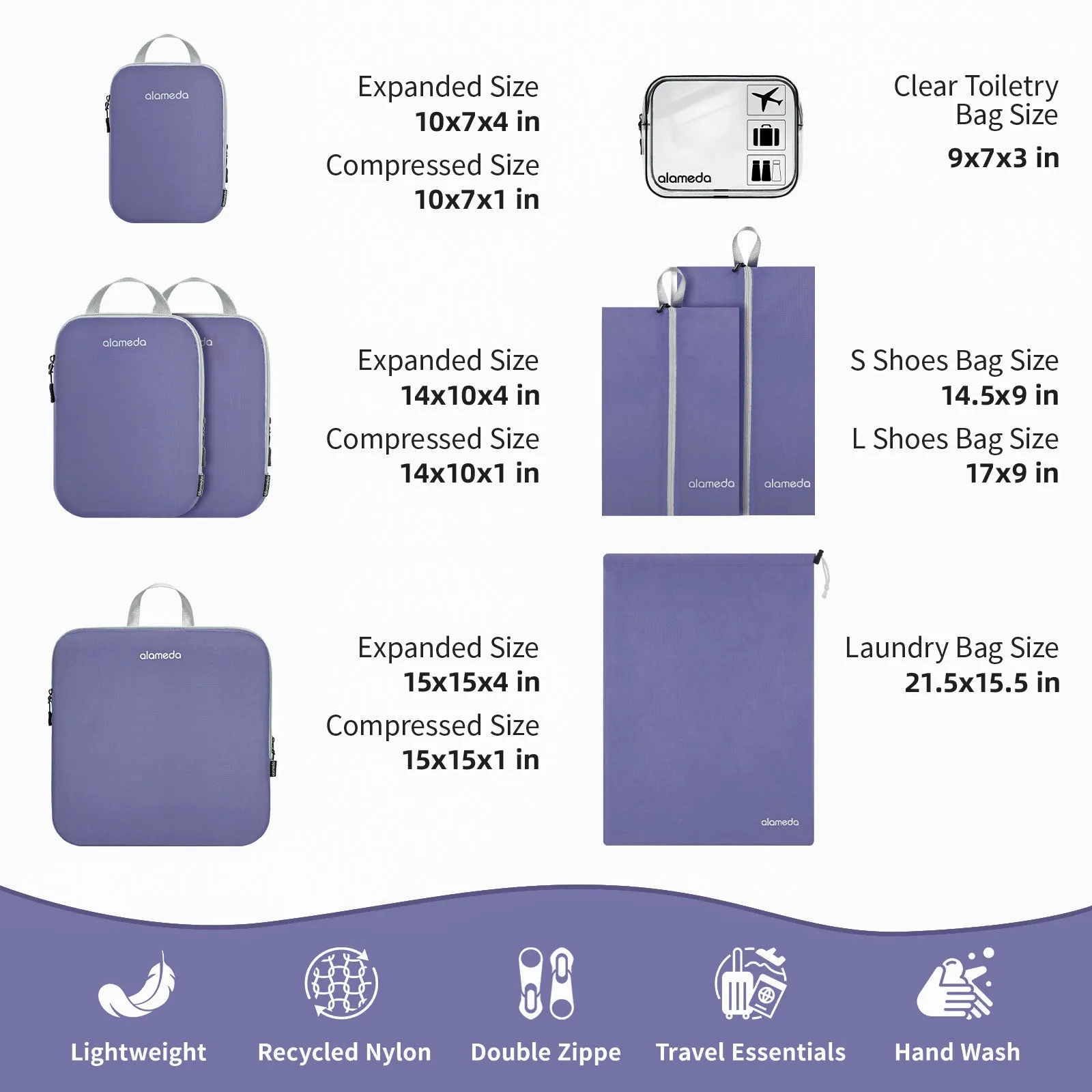 Compression Packing Cubes with Shoe Bag & Toiletry Bag - Purple, 8 Pack