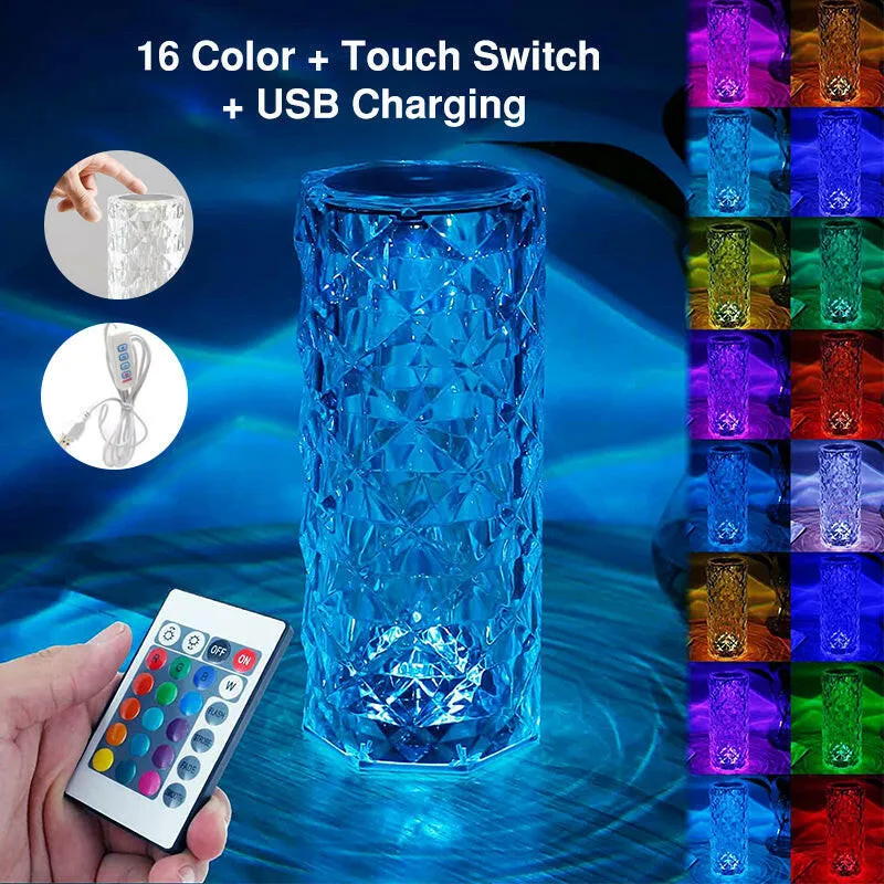 Crystal LED RGB Lamp Remote Touch Control USB Diamond Projector Table Home