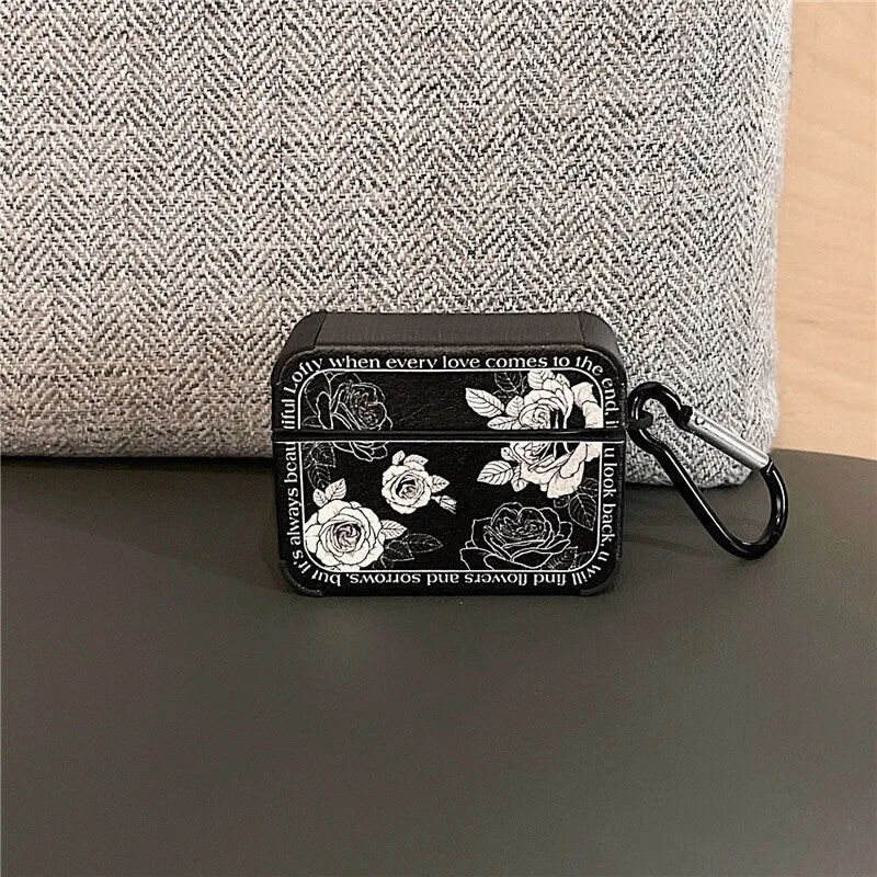 Cute Retro Black & White Floral Leather Protective Cover AirPods Case   Carabiner for AirPods 1 2 3 Pro 2 Generation Shockproof AirPods Case