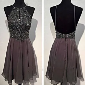 Dark grey sparkly special vintage open back sexy popular homecoming prom dress,BDY0130