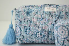 'DUSTY BLUE VINES' hand block printed, quilted travel/makeup zipper pouch-LARGE only