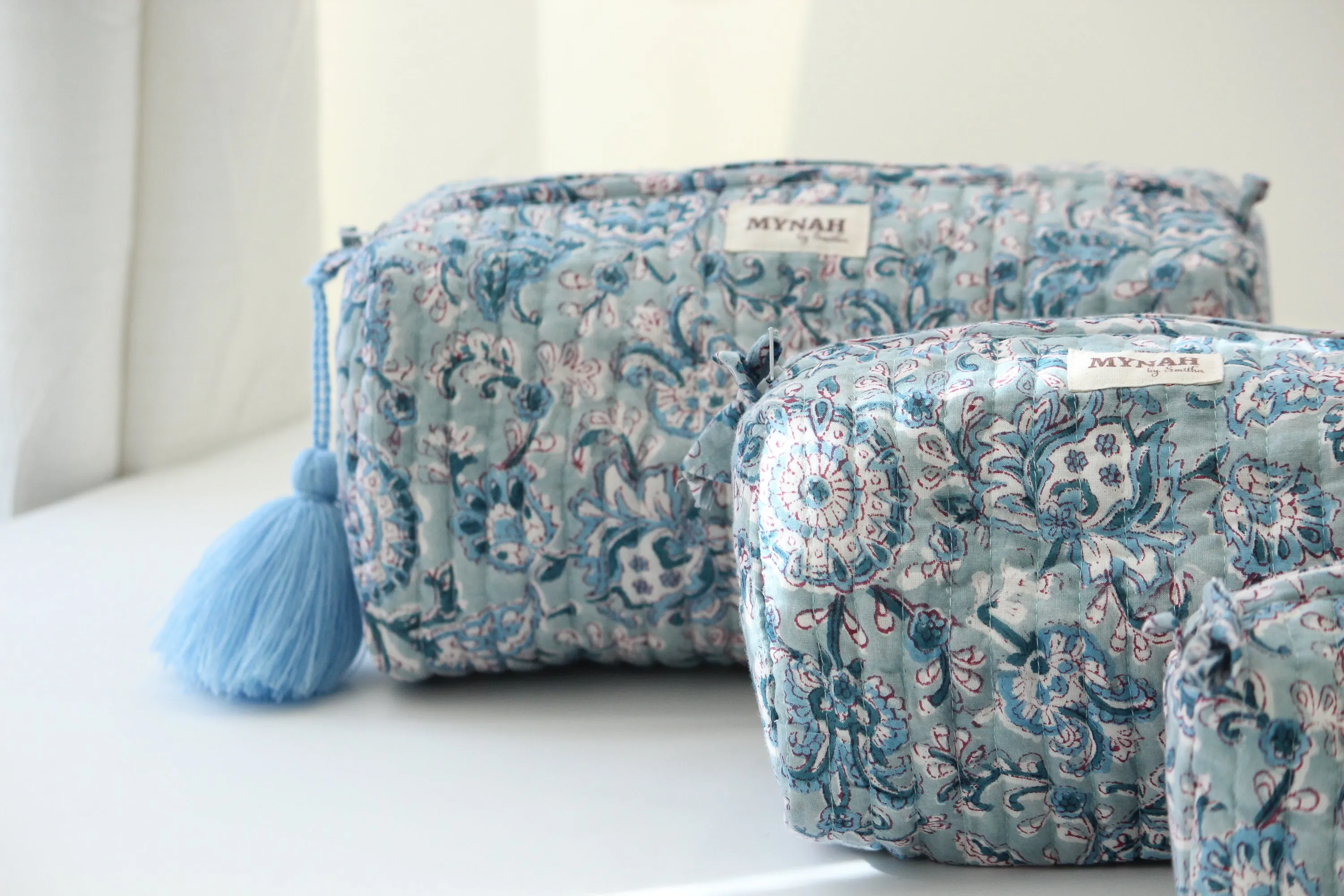 'DUSTY BLUE VINES' hand block printed, quilted travel/makeup zipper pouch-LARGE only