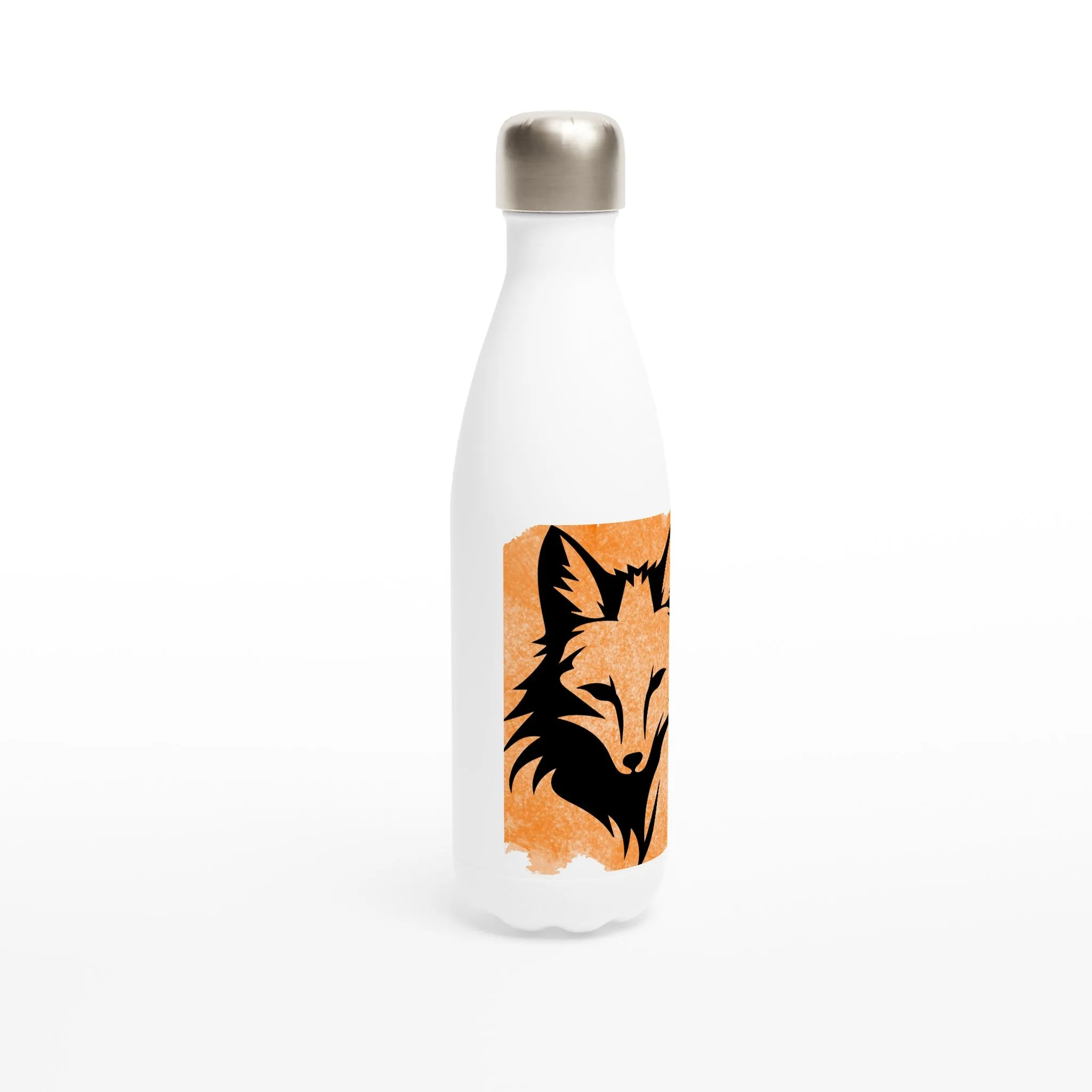 Elegant Fox Portrait Water Bottle – White 17oz Stainless Steel with Orange Brushstroke Design