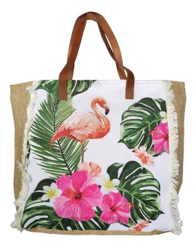 Fashion Accessory. Handbag.  Large Floral Flamingo Print Tote Jute Bag with Fringes and Matching Pouch.