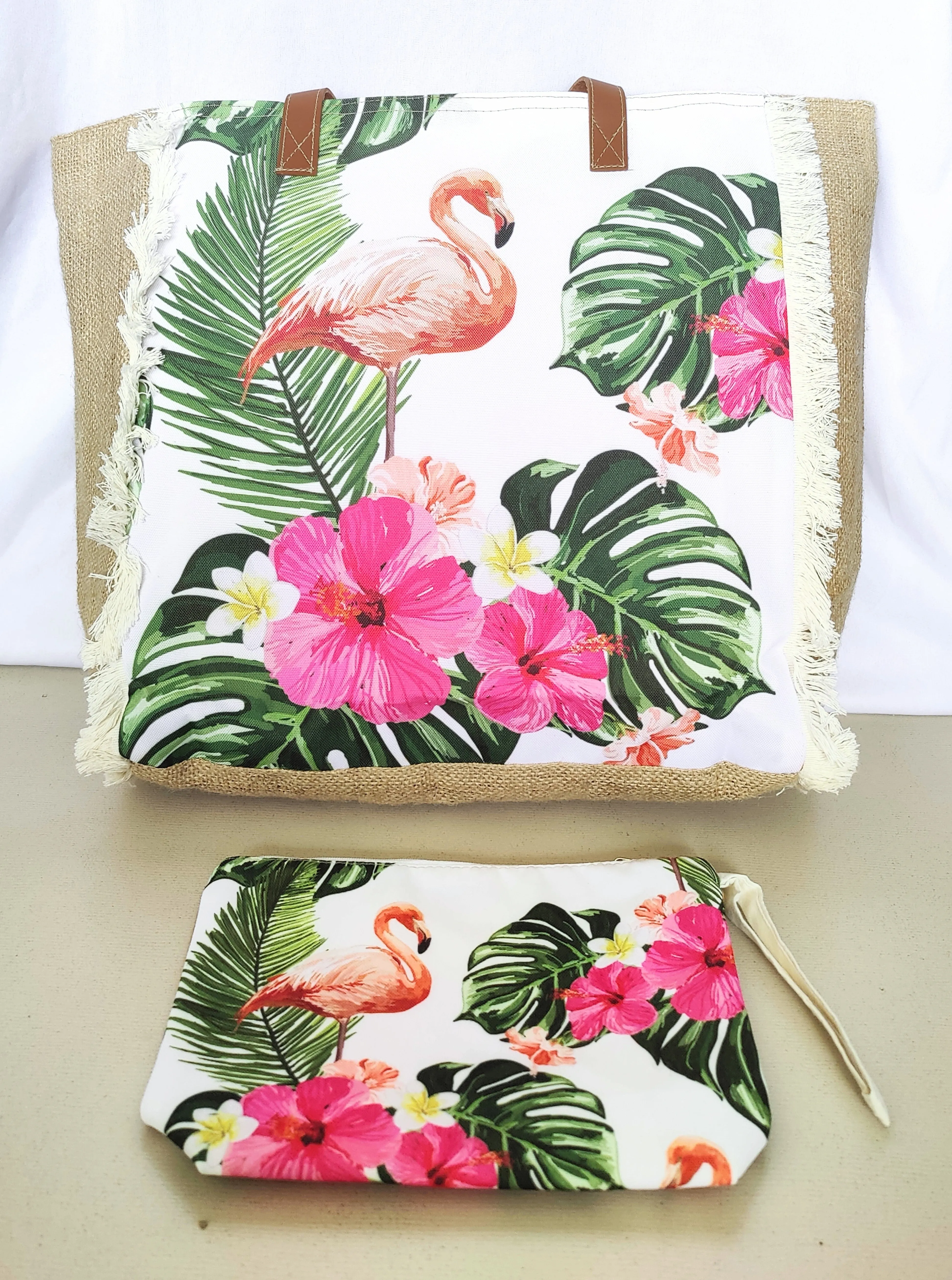 Fashion Accessory. Handbag.  Large Floral Flamingo Print Tote Jute Bag with Fringes and Matching Pouch.