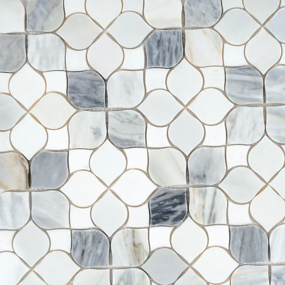 Fleur Calacatta Bluette and Thassos Flower Marble Mosaic Tile