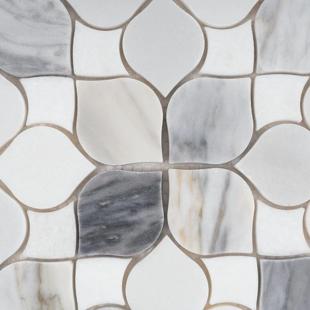 Fleur Calacatta Bluette and Thassos Flower Marble Mosaic Tile