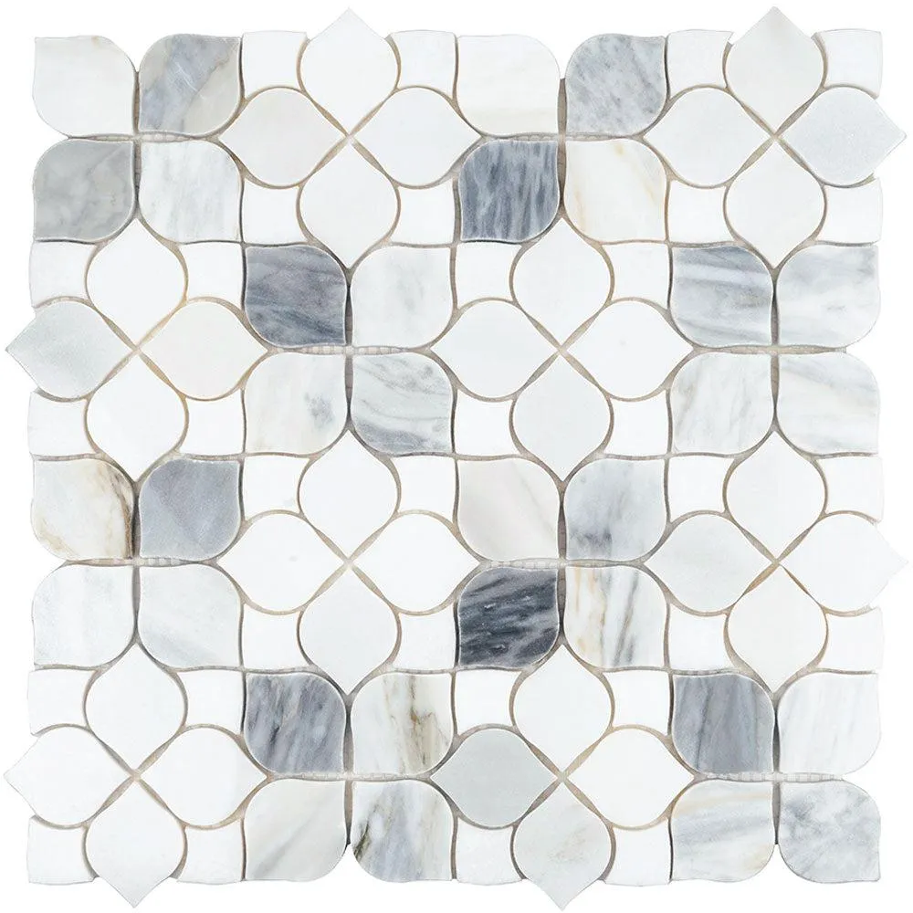 Fleur Calacatta Bluette and Thassos Flower Marble Mosaic Tile