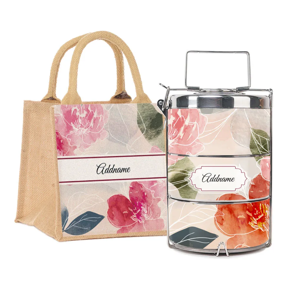 Floral Hues Flora Series 3-Tier Premium Medium 13.5cm Tiffin Carrier [FREE Custom Add Name]