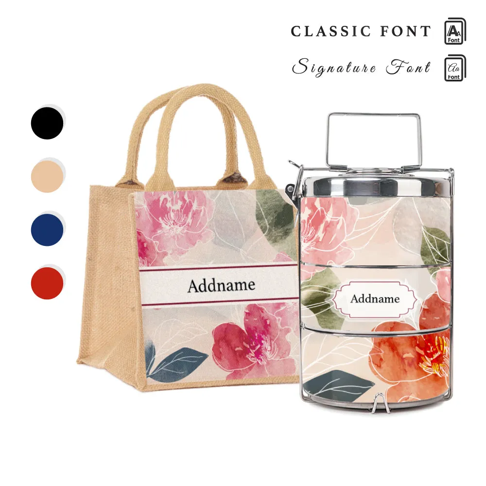 Floral Hues Flora Series 3-Tier Premium Medium 13.5cm Tiffin Carrier [FREE Custom Add Name]