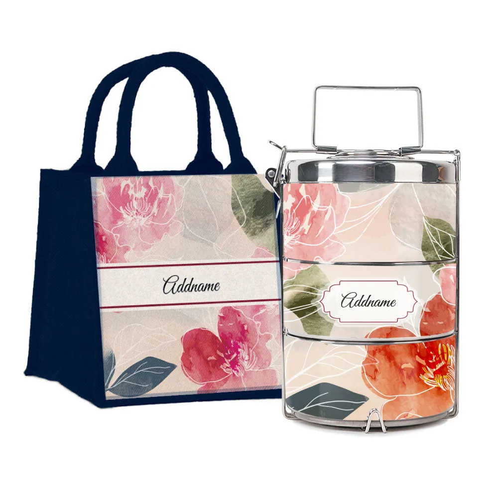 Floral Hues Flora Series 3-Tier Premium Medium 13.5cm Tiffin Carrier [FREE Custom Add Name]