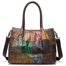 Genuine Leather Embossing Patchwork Designs Satchel