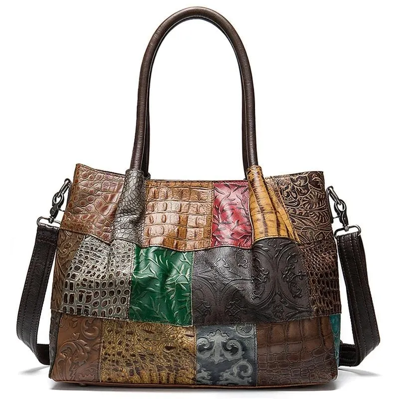 Genuine Leather Embossing Patchwork Designs Satchel