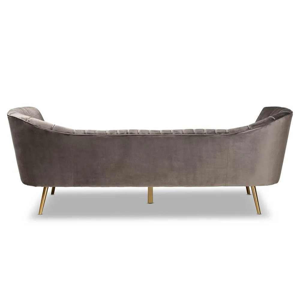 Glam and Luxe Grey Velvet Fabric Upholstered and Gold Finished Sofa