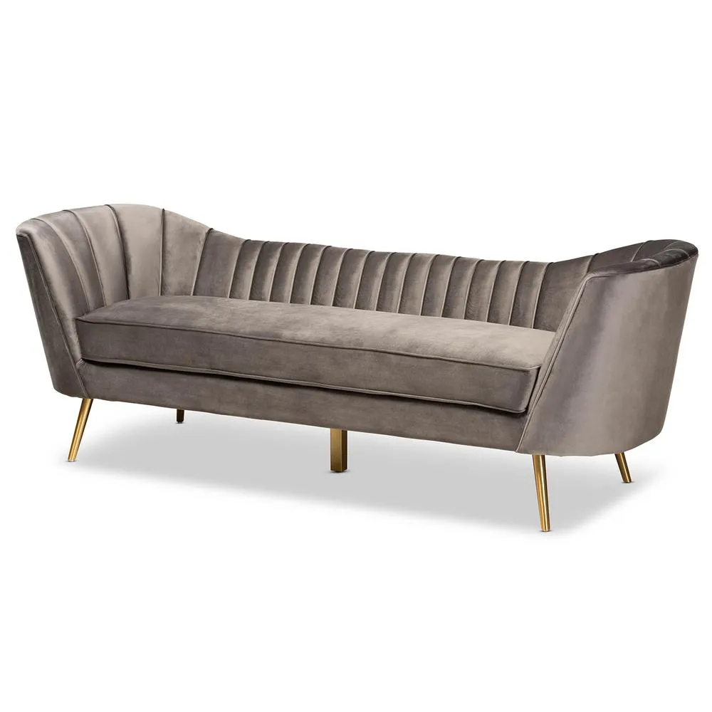 Glam and Luxe Grey Velvet Fabric Upholstered and Gold Finished Sofa