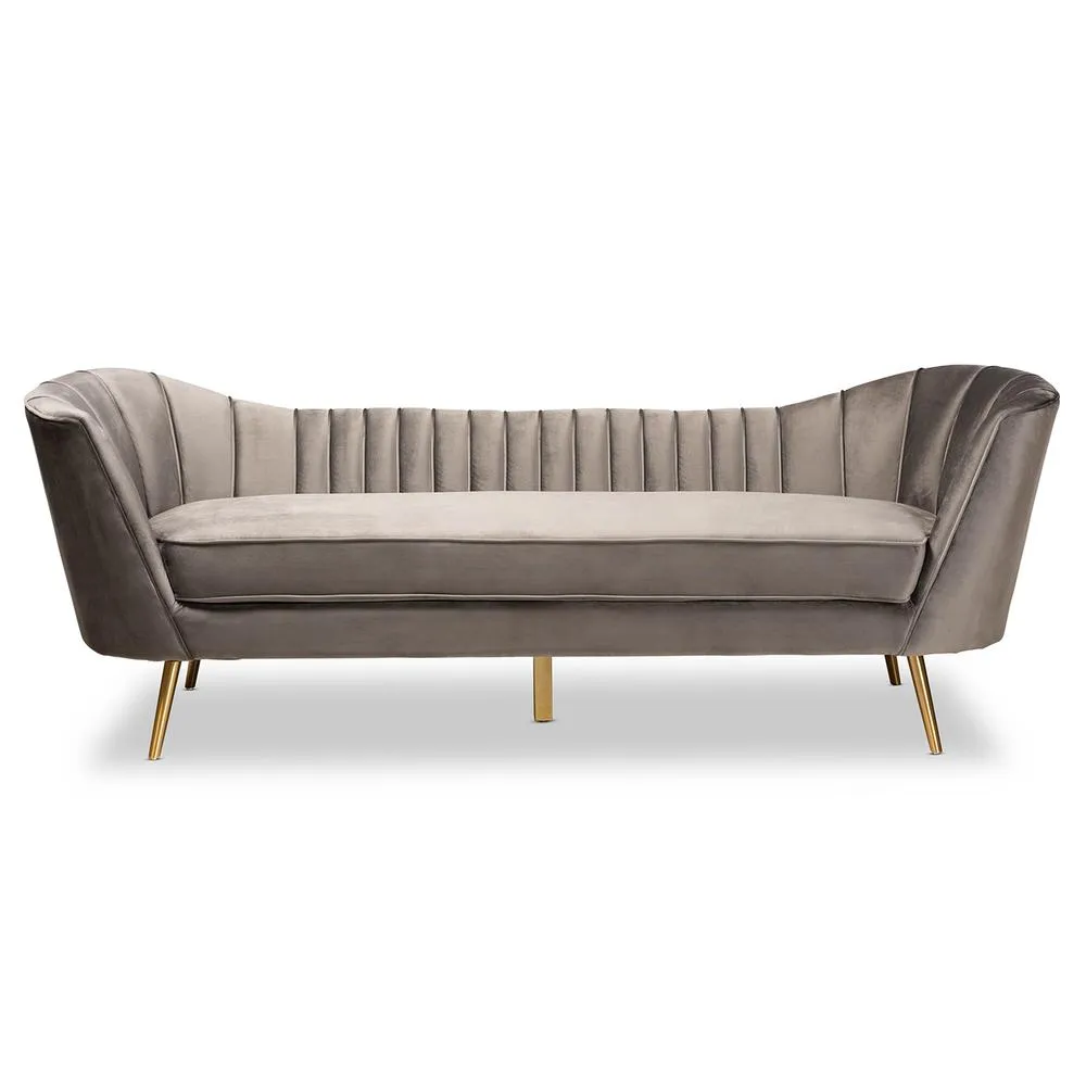 Glam and Luxe Grey Velvet Fabric Upholstered and Gold Finished Sofa