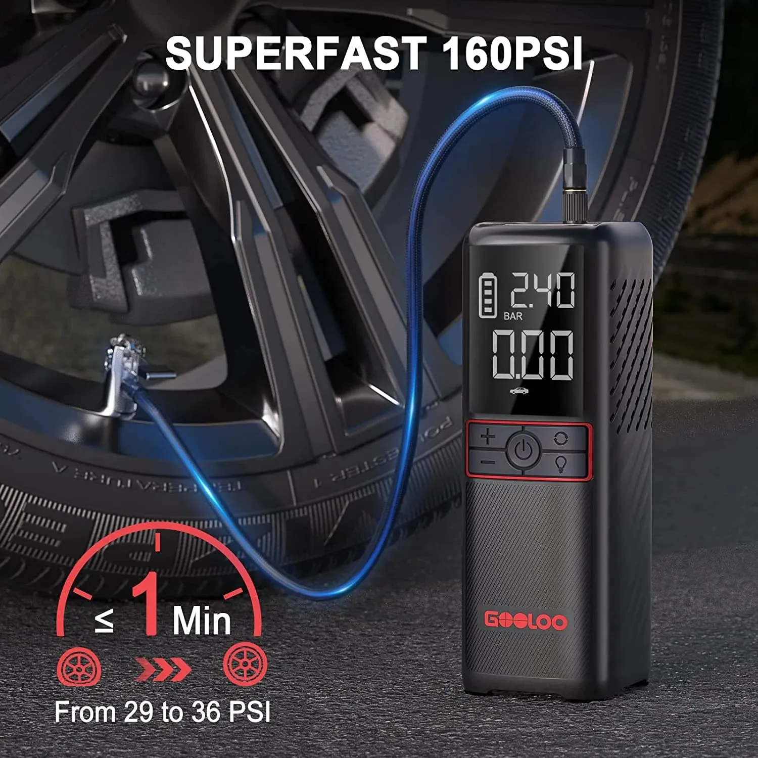 GOOLOO PT05 Portable 160PSI 7500mAh Cordless Air Compressor Tire Inflator W/LED Digital Pressure