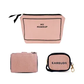 Handbag Organizer Trio: Trinket, Makeup & Earbud Cases, Pink/Blush