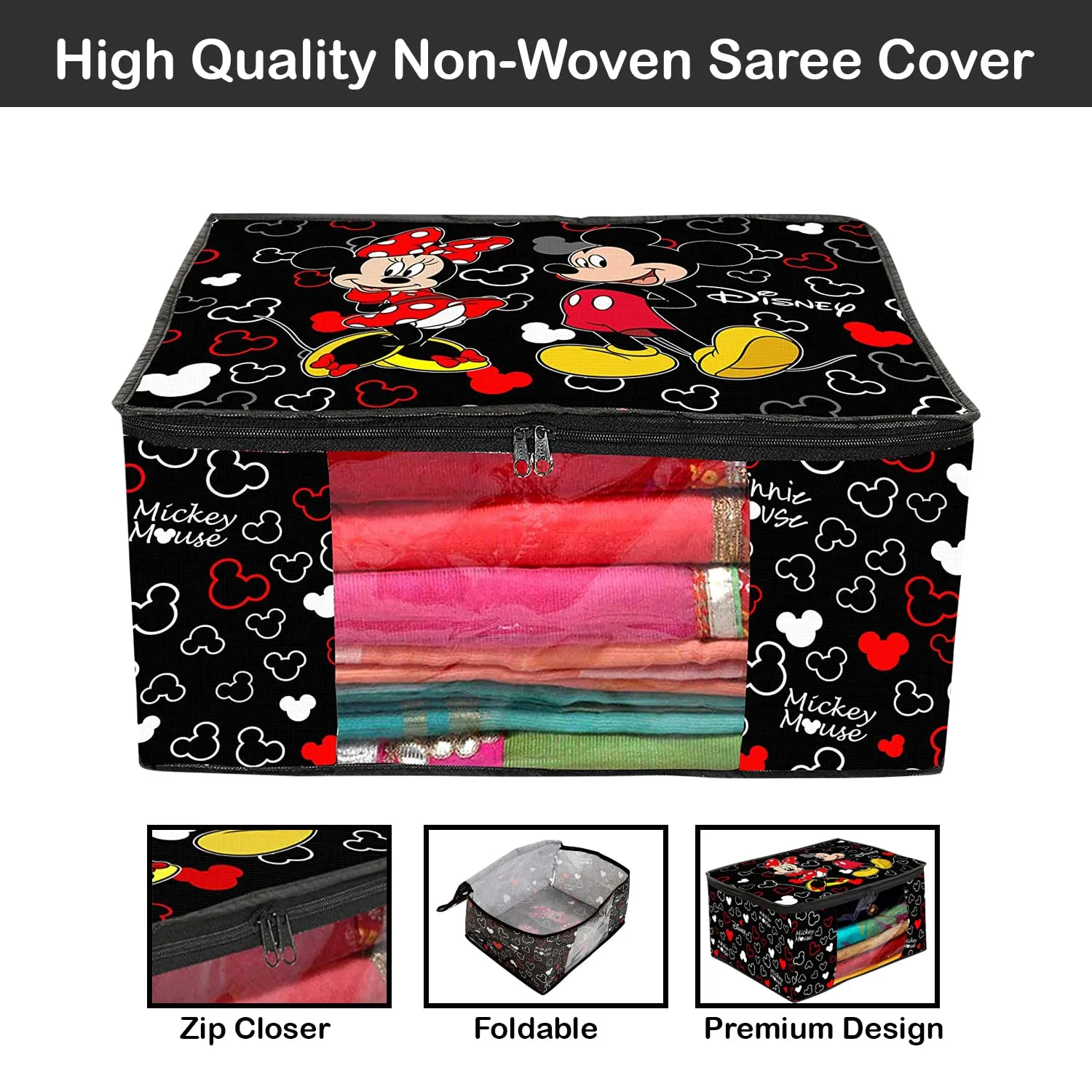 Heart Home Disney Mickey Saree Cover|Non-Woven Foldable Clothes Bag|Transparent Window Wardrobe Organizer|Extra Large|Pack of 4 (Black)