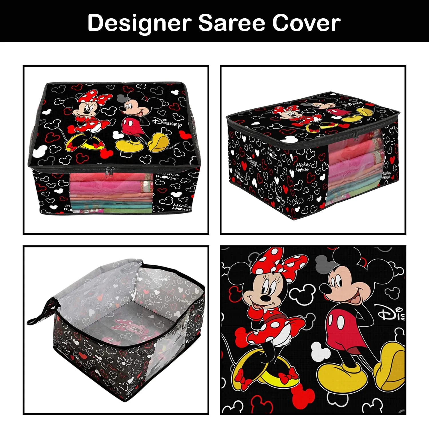 Heart Home Disney Mickey Saree Cover|Non-Woven Foldable Clothes Bag|Transparent Window Wardrobe Organizer|Extra Large|Pack of 4 (Black)