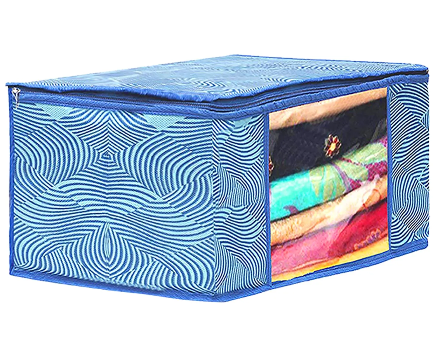 Heart Home Lahariya Design Non-woven 2 Saree & 2 Blouse Cover/Organizer Set With Transparent Window- Pack of 4 (Blue) -44HH0576