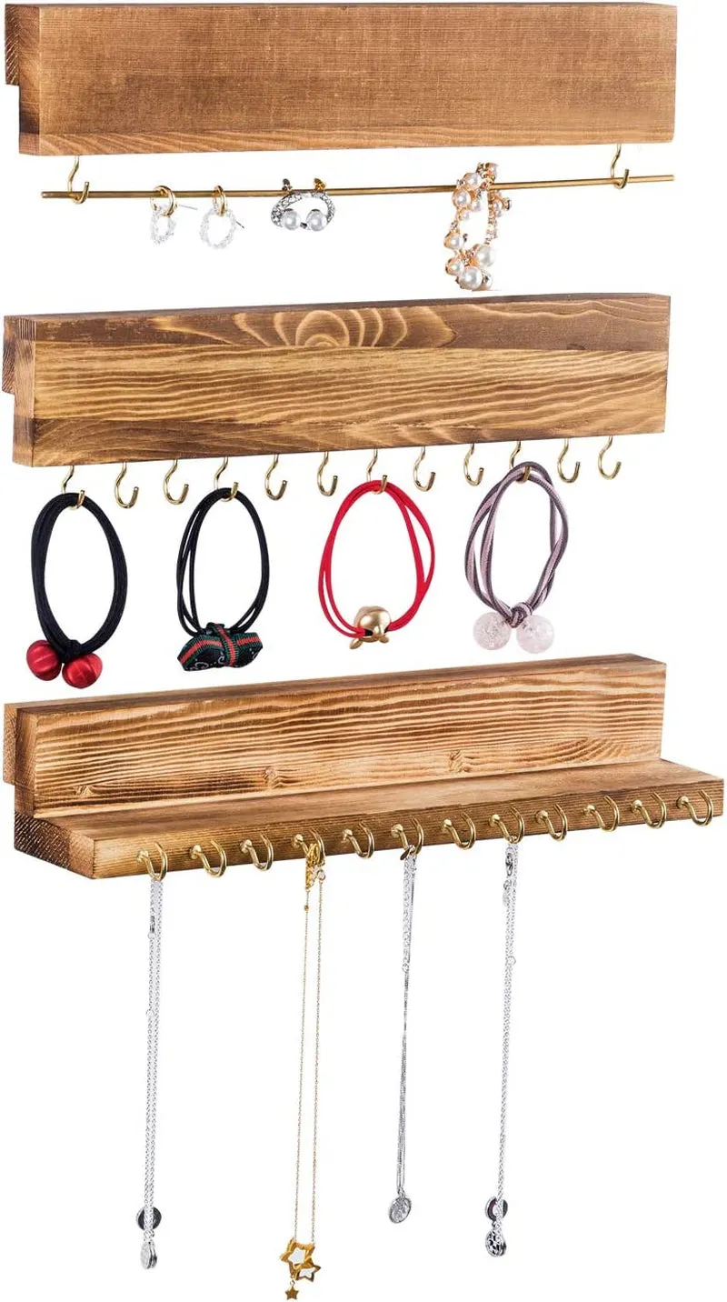 Jewelry Organizer Hanging,Wall Jewelry Organizer for Hanging Rings Necklace Organizer Earring Holder Organizer,Jewelry Display with Removable Bracelet Rod and 24 Hooks as Women Gift