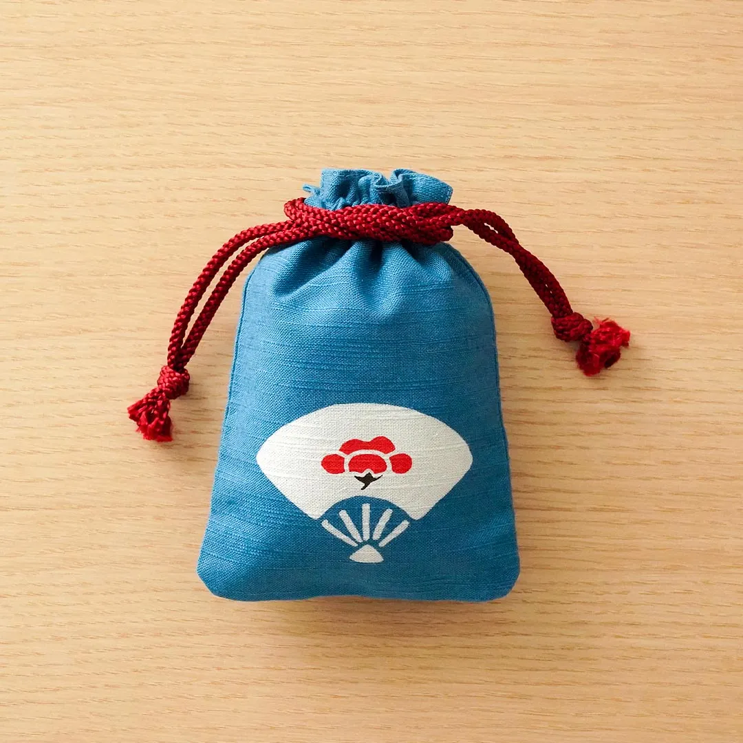 Katazome Small Talisman Bag - Fan and Japanese Apricot -,  Drawstring Pouch,  Japanese traditional craft bag