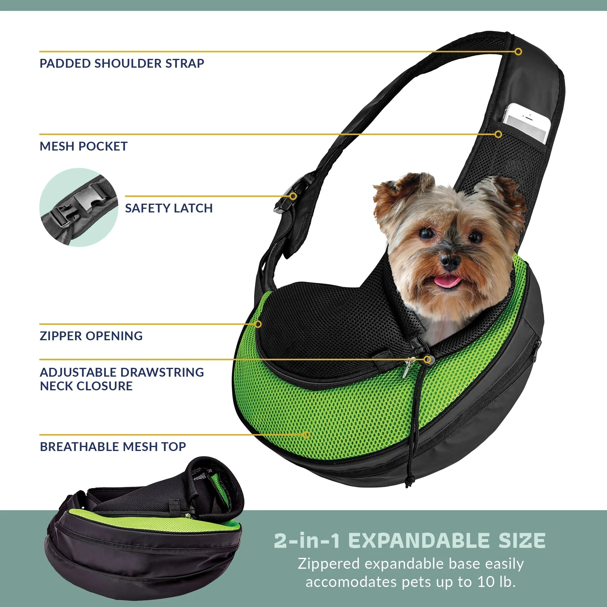 Katziela Expandable Sling Dog & Cat Carrier - Green