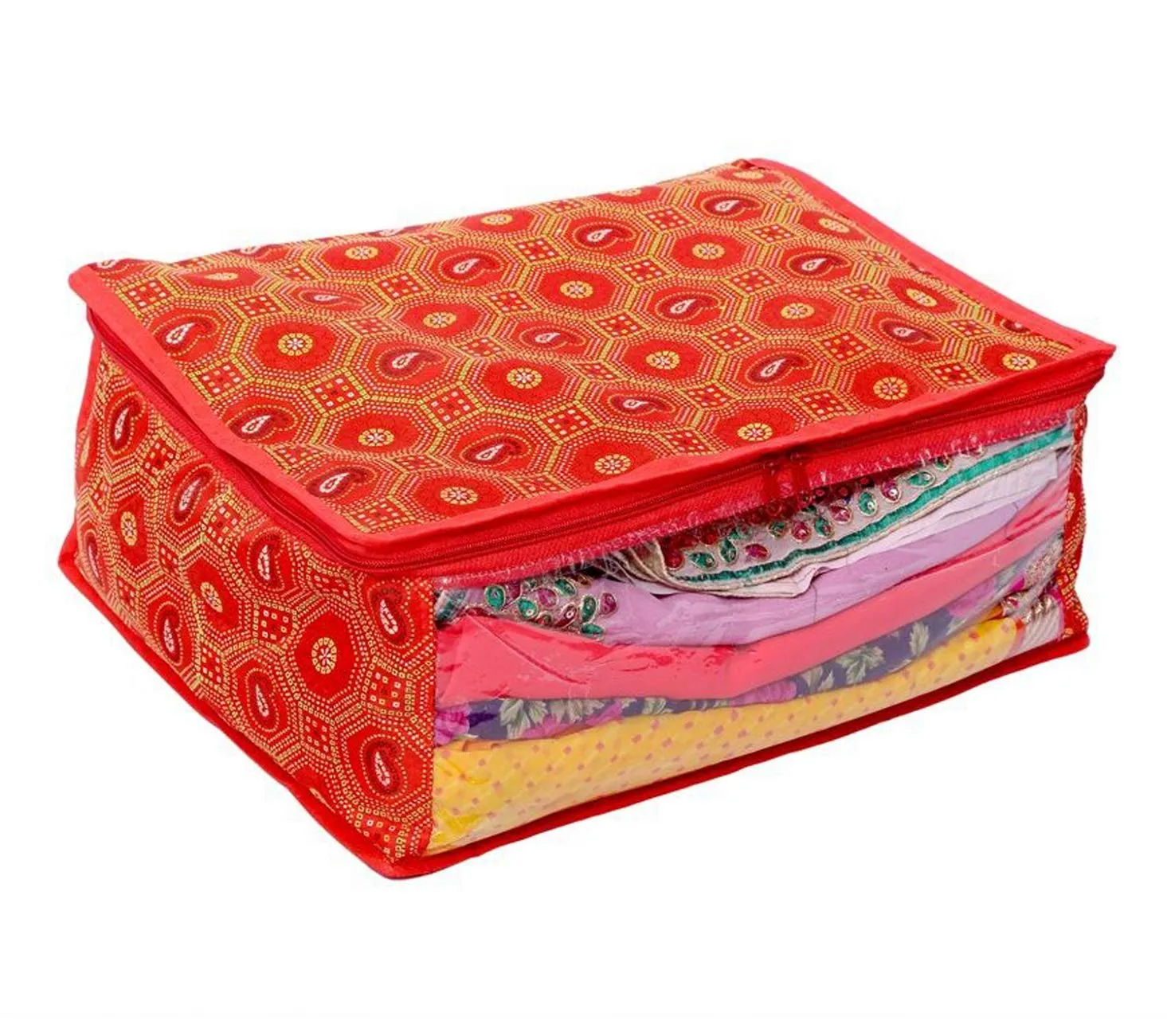 Kuber Industries Bandhani Design 2 Piece Cotton Saree Cover/Wardrobe Storage Organizer (Red) -CTKTC039022