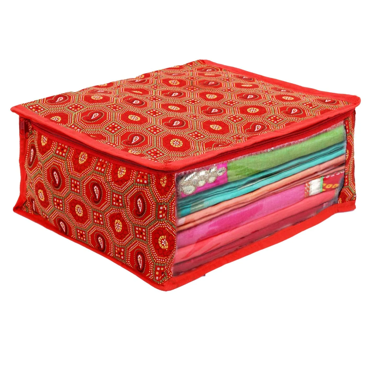 Kuber Industries Bandhani Design 2 Piece Cotton Saree Cover/Wardrobe Storage Organizer (Red) -CTKTC039022