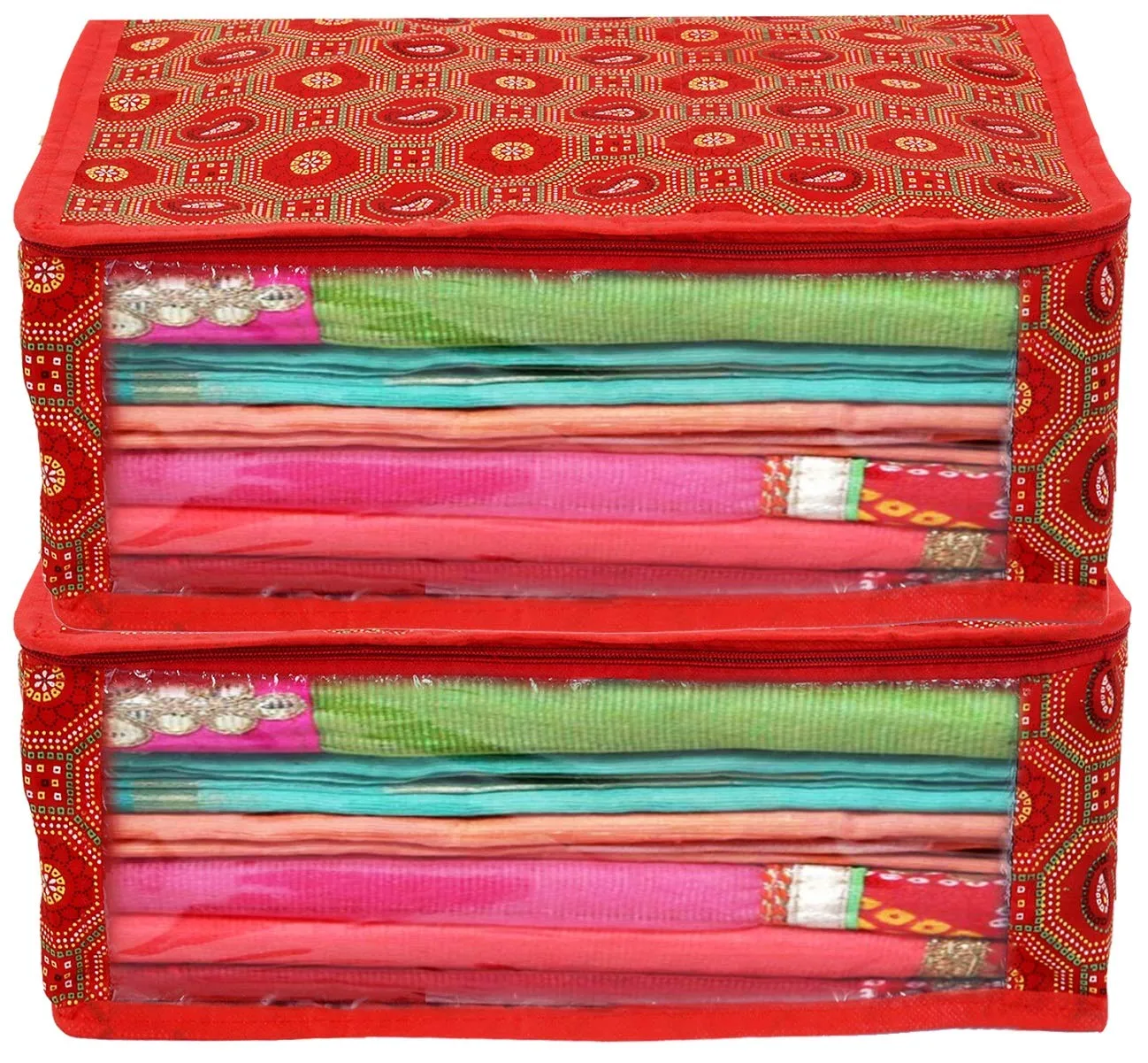 Kuber Industries Bandhani Design 2 Piece Cotton Saree Cover/Wardrobe Storage Organizer (Red) -CTKTC039022